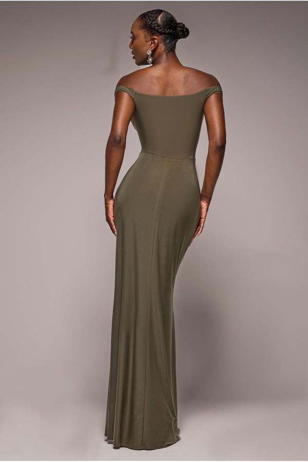 Off The Shoulder Corset Waist Mesh Wrap Skirt Soft Touch Maxi Dress - Khaki Green DR4865