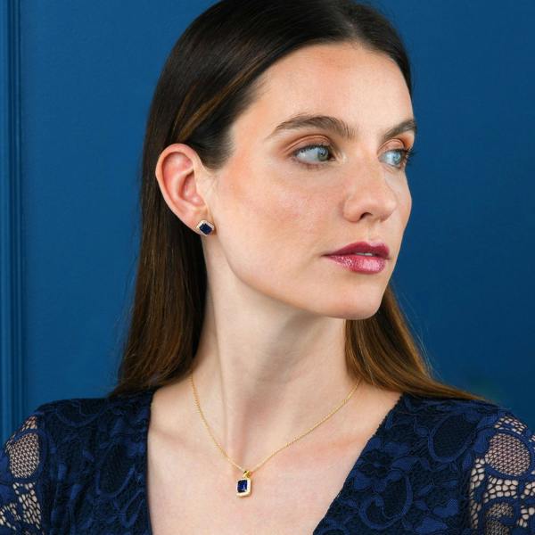 namana Gold Plated 925 Sterling Silver Blue Rectangle Halo Pendant Necklace For Women