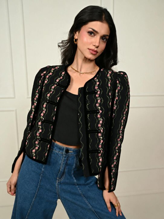 Rose & Nancy Queenie Black Floral Print Velvet Trim Military Jacket