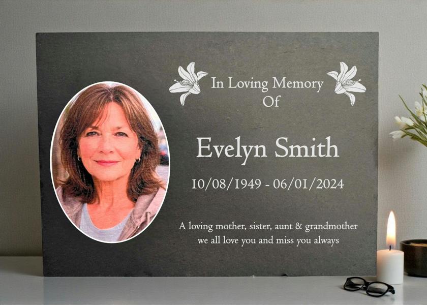 Memorials Direct Photo Slate Memorial Plaque, Lilys, Add a Portrait & Personalised Text | 35×25cm (14×10”)