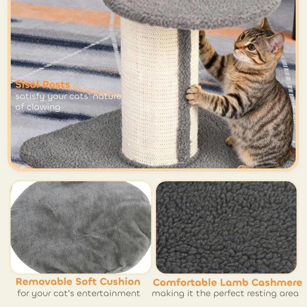 Grey cat tree with removable cushion and sisal post; tabby cat playing
