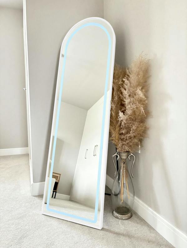 Downton Interiors Stunning White Arched Metal Frame LED Wall or Floor Standing Dressing Mirror 145cm x 45cm - Soho Collection