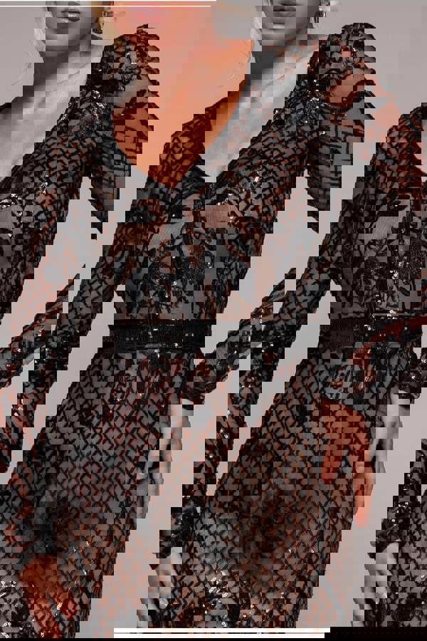 Full Sleeve Sequin Evening Dress - Black DR3196