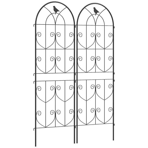 Set of 2 black metal garden trellis panels with arched tops and scrollwork