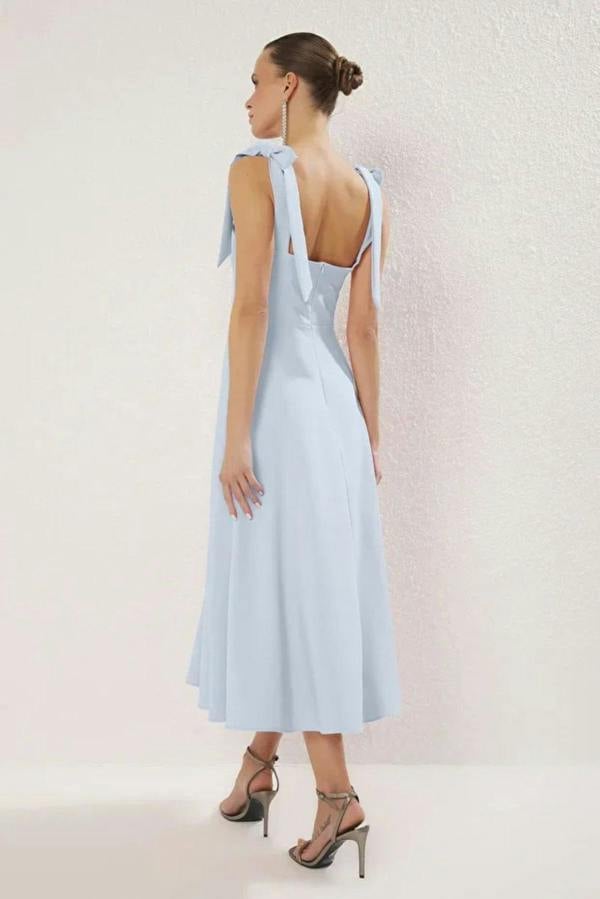 Hoxton Gal Elegant Woven Midi A-Line Dress with Tie-Strap Detail