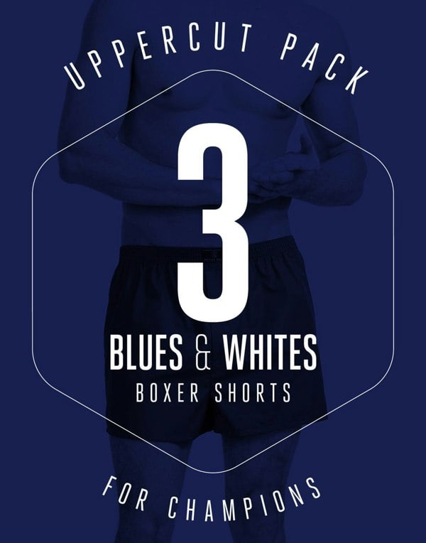 UPPERCUT PACK! 3 PAIRS OF BOXER SHORTS IN BLUES & WHITES - British Boxers