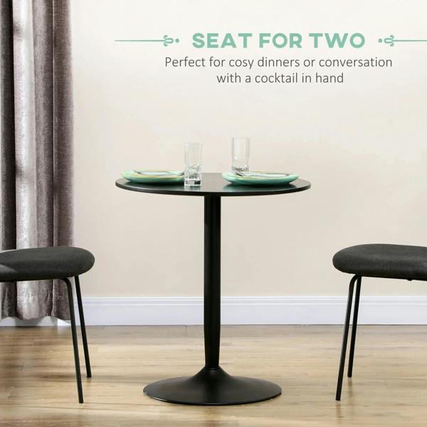Black pedestal dining table for two with round tabletop and wide circular base