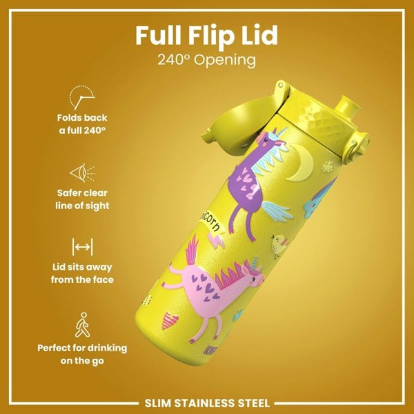 ION8 Leak Proof Slim Water Bottle, Stainless Steel, Yellow Unicorns, 600ml (20oz)