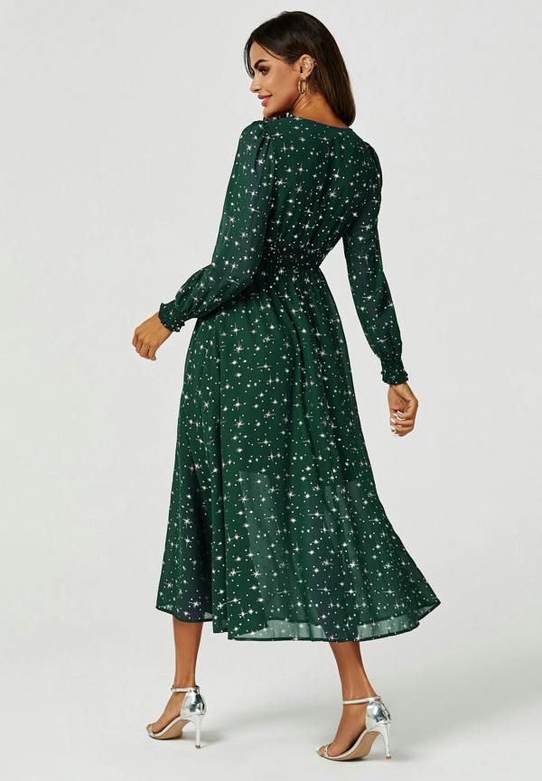 FS Collection Silver Star Foil Long Sleeve Maxi Dress In Green