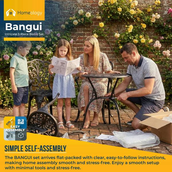 Homeology BANGUI Black Garden and Patio Table and 2 Large Chairs with Armrests Cast Aluminium Bistro Set