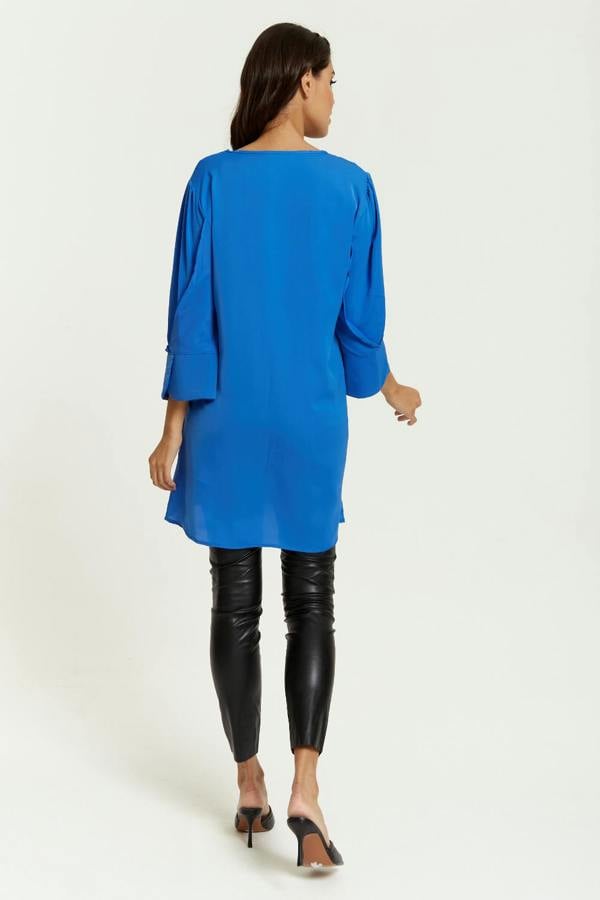 Hoxton Gal Oversized Detailed Sleeves V Neck Tunic in Blue
