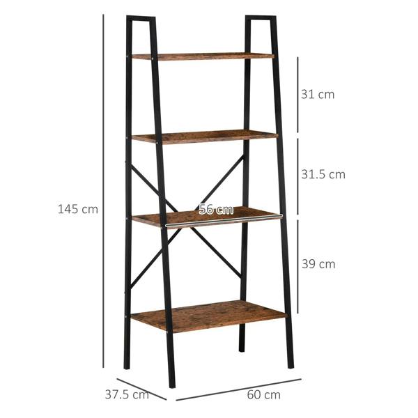 4-tier ladder shelf with black metal frame and brown shelves, front view with size markers.