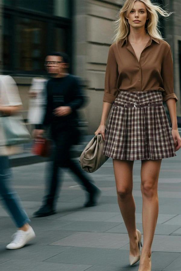 Belted Checked Pleated Mini Skirt