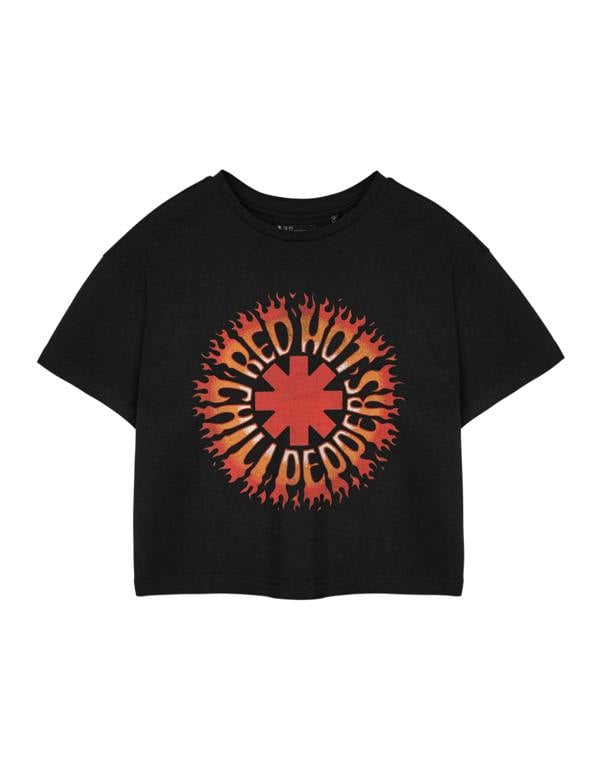 Red Hot Chili Peppers Womens Black Flame Cropped Short Sleeved T-Shirt
