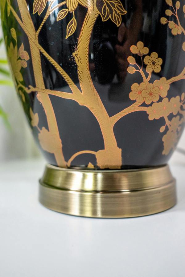 Downton Interiors Black Gold Ceramic Table Lamp with Plain Shade (G2105 Plain)