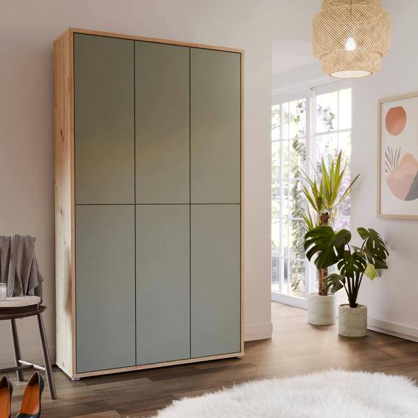 Furniture To Go Alice Springs Shoe Cabinet with 6 Doors Push-to-Open in Artisan Oak and Sage Green Doors