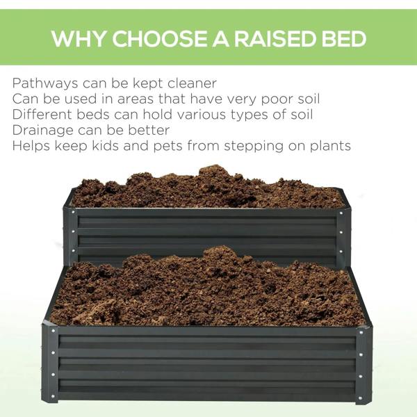 Dark grey two-tier raised garden bed filled with soil in both planter levels