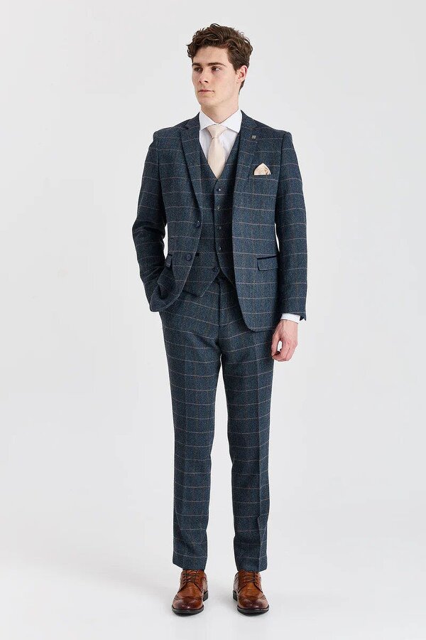 Paul Andrew Harris - Men's Navy 3 Piece Wool Blend Tweed Suit