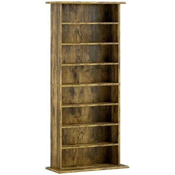 Rustic brown wooden CD storage unit with open vertical shelves and flat top