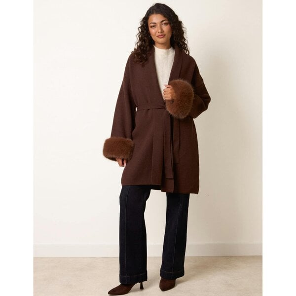 Blue Vanilla Wrap Coat With Faux Fur Cuffs