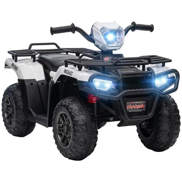 Kids ride-on quad bike with white body, black wheels, and blue LED headlights on.