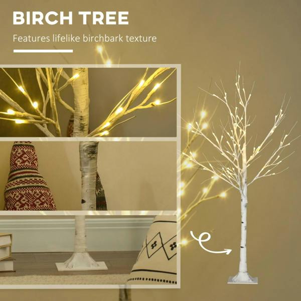 Dyzi 4ft Pre-Lit Artificial Birch Tree 72 Warm White LED Lights