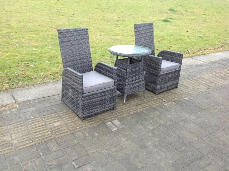 Fimous Dark Grey Mixed Outdoor Wicker Rattan Garden Furniture Reclining Chair And Table Dining Sets 2 Seater Bistro Round Table