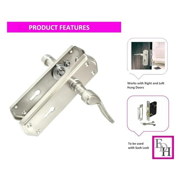 EDH Door Hardware Premium Satin Nickel Internal Lock Handles with Long Back Plate and 3 Lever Mortise Sash Lock - Stellar Design, 4 Pairs