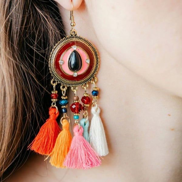 The Colourful Aura Long Round Enamel White Tassel Indian Boho Drop Ethnic Dangle Bridal Earring