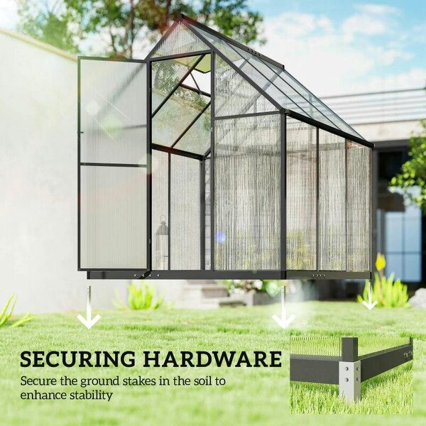 6 x 5.5ft Polycarbonate Greenhouse, Quick Setup Walk in Green House, Push Door, Adjustable Roof Vent, Rain Gutter, Black