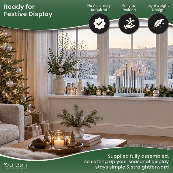 17-Light Silver Metallic Christmas Candle Bridge with LED Lights, Battery Operated Window Decoration, Timer Function, No Assembly
