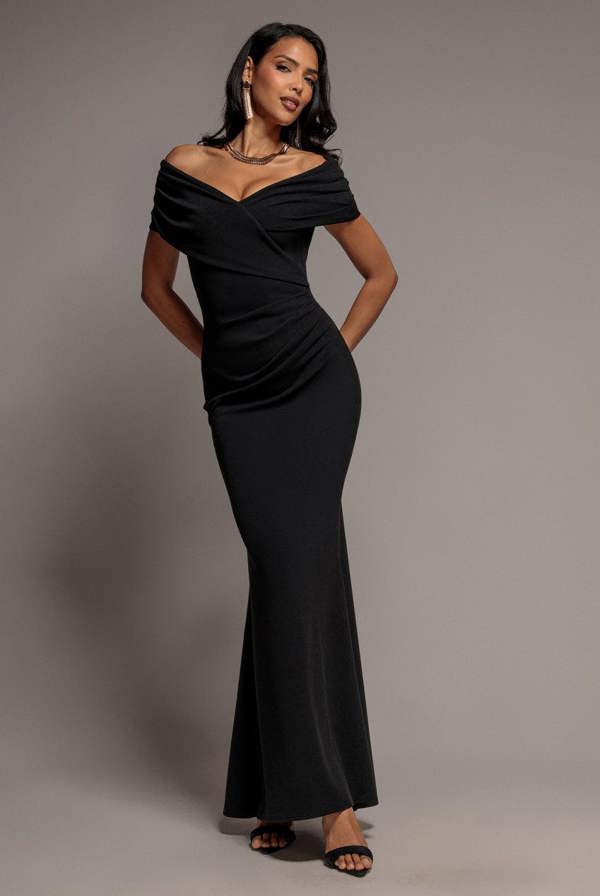 Pleated Bardot Wrap Mermaid Maxi Dress - Black DR5289