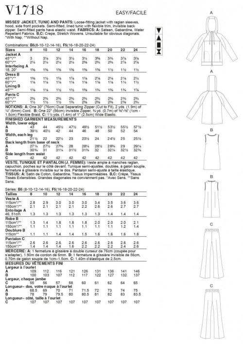 Vogue Sewing Pattern 1718, Jackets, Tunics, Trousers for Women, B5 (8-10-12-14-16) - Easy