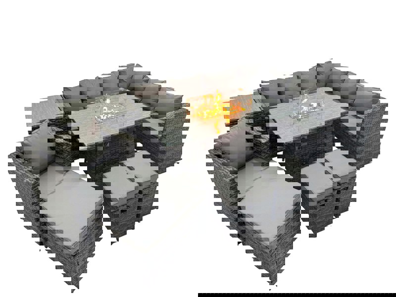 Fimous Garden Rattan Furniture Set 10 Seater Outdoor Corner Sofa Chair Gas Fire Pit Dining Table Set with Side Table 3 Stool Dark Grey