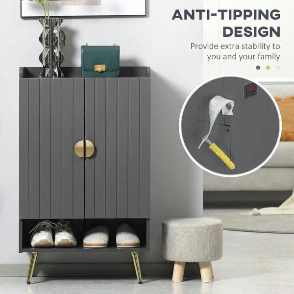 Bobobiy Modern Shoe Cabinet with 2 Doors, Open Shelf and Adjustable Shelves, 15 Pair Hallway Shoe Cupboard, Entryway Storage Unit, Grey