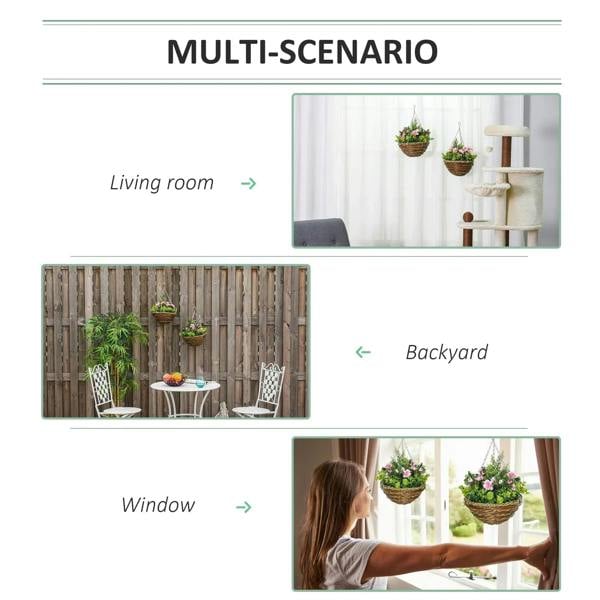Two small hanging wicker planters with pink flowers and green foliage on chains