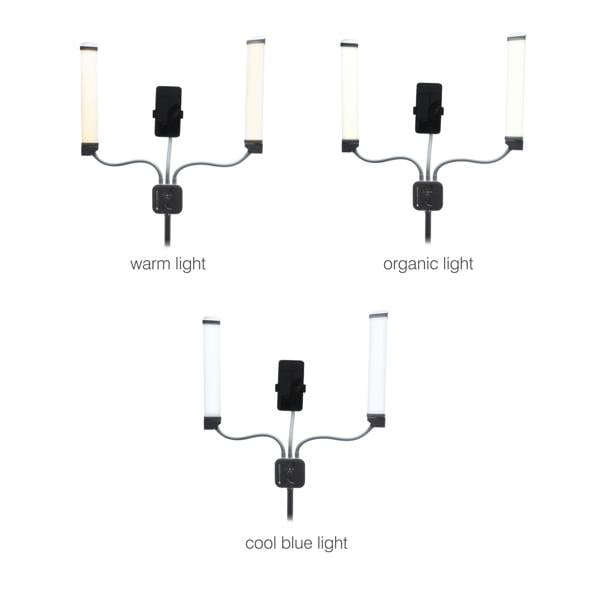 Three identical Rio Professional Twin LED Strip Lights are shown with different lighting modes: warm light (top left), organic light (top right), and cool blue LED strip light (bottom center). Labels appear below each fixture.