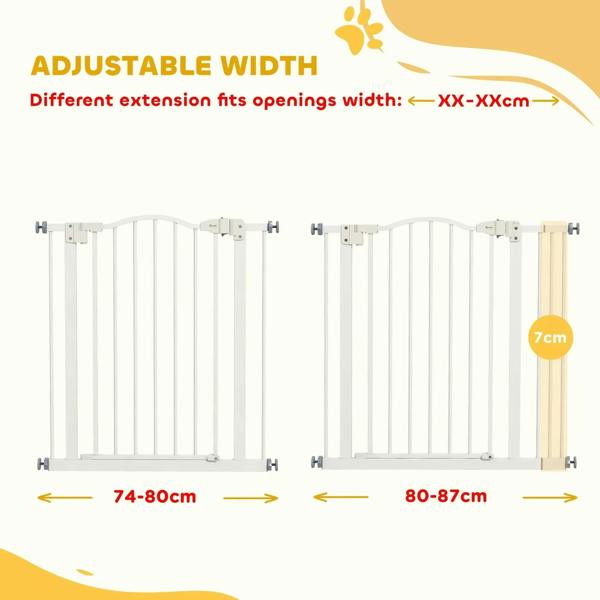 Adjustable white pet gate shown in two widths with hinged sections and latch points