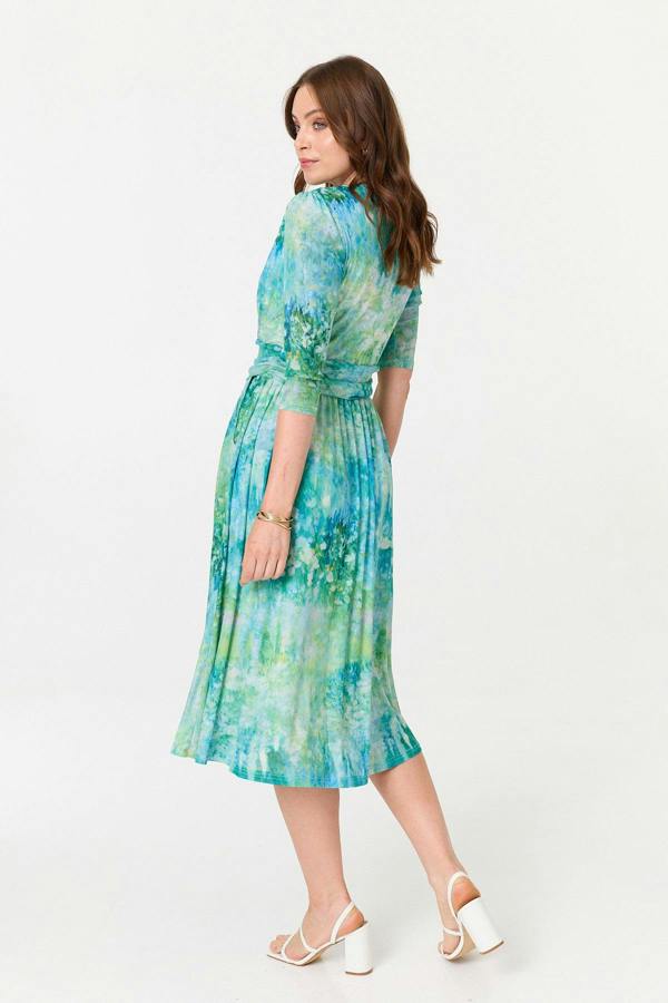 Green | Printed 3/4 Sleeve Wrap Front Midi Dress

