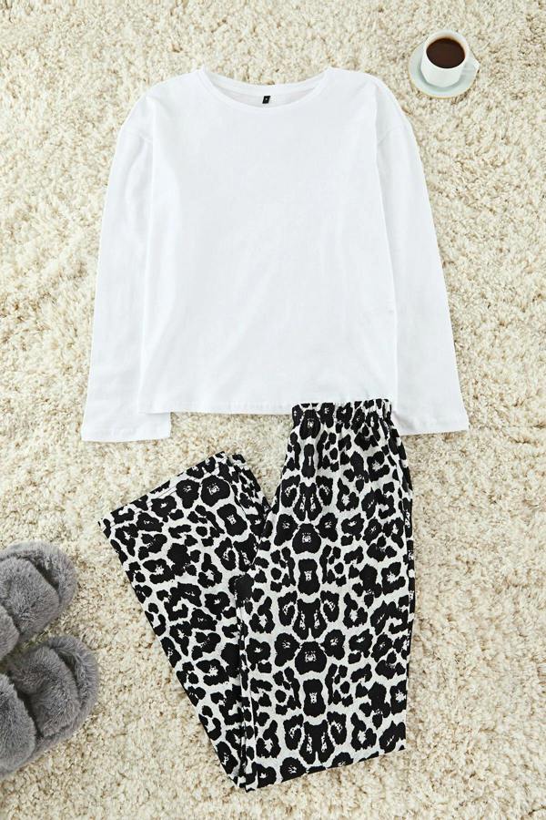WOVCOR 2- Piece Cotton Knit Pajama Set with Leopard Print