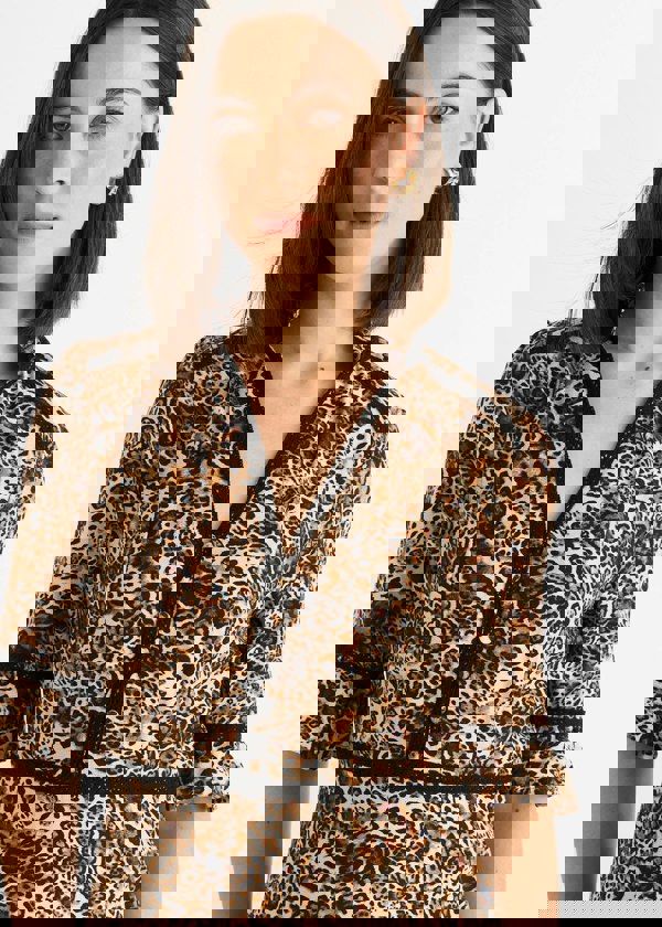 Gini London Brown Animal Print Lace Trim Tiered Midi Dress