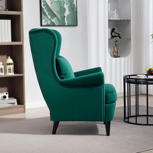 Bobobiy Modern Accent Chair, Velvet-Feel Fabric Reading Chair with Solid Wood Legs, Dark Green
