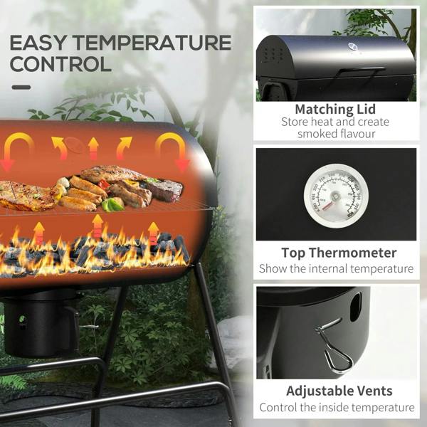 Black charcoal BBQ grill with top thermometer, adjustable vents, and matching lid