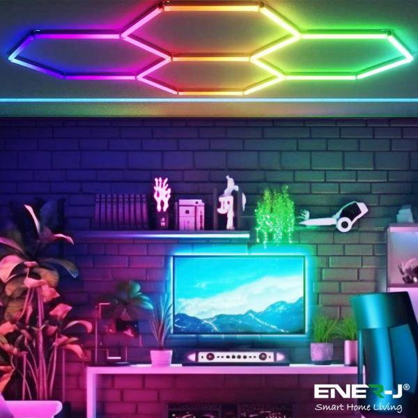 Ener-J 150W Hexagon RGB LED Garage Ceiling Light, 5 Hexagon Design, Remote Control, 24 T5 Tubes Showroom Kit