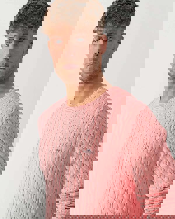 Man wearing GANT Mens Cotton Cable Knit Crew Neck Jumper in 666 Washed Pink - Detail