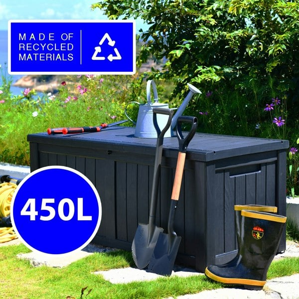 Centurion Supports TUNGSTEN 450 Litre 119 Gallon Waterproof Extra Large Lockable Easy-Open Garden Storage Box Outdoor Organiser in Black