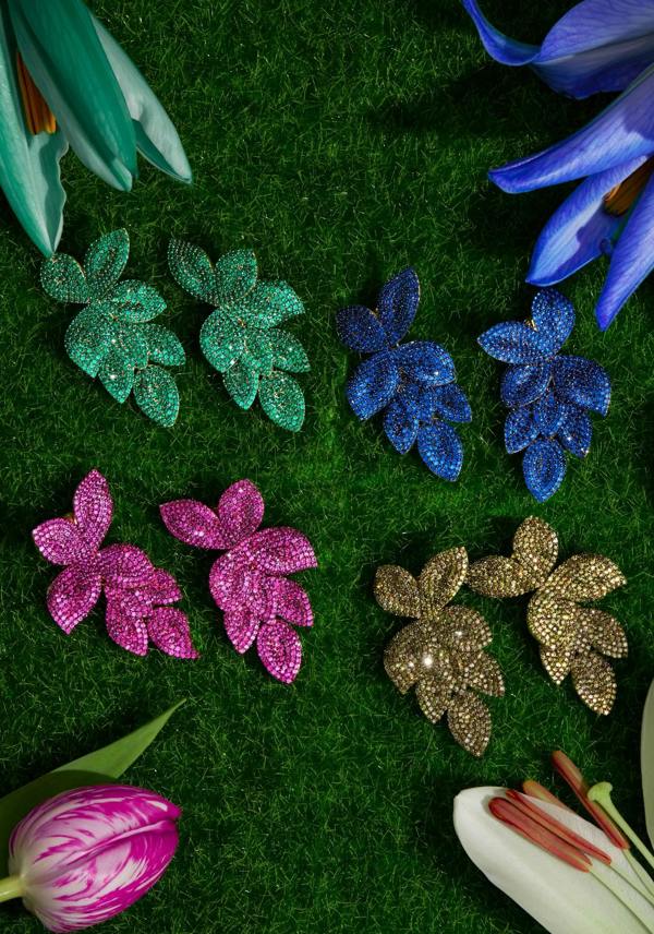 Latelita Petal Cascading Flower Earrings Gold Sapphire Cz