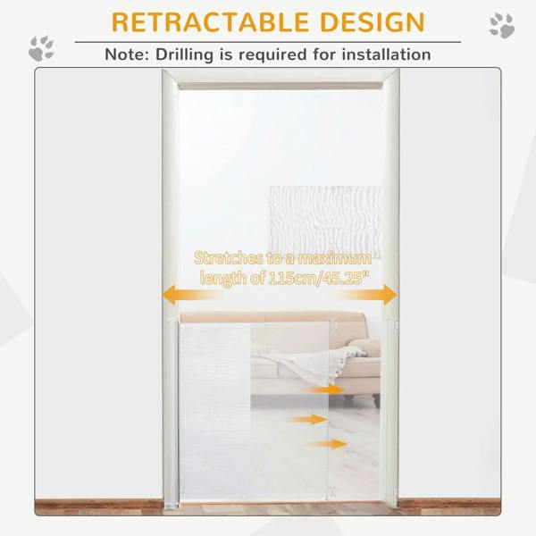 White retractable mesh dog gate stretching to a maximum length diagram