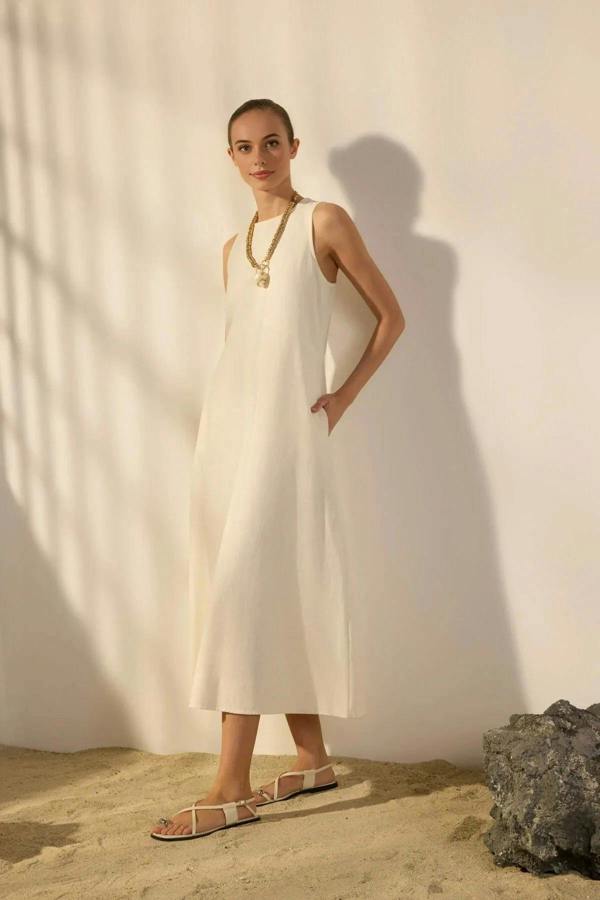 Linen Blend Straight Cut Midi Woven Dress with Stitching and Pocket Details