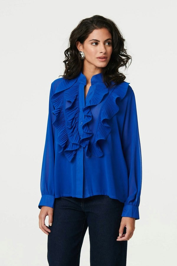 Blue | Ruffled Long Sleeve Semi Sheer Blouse
